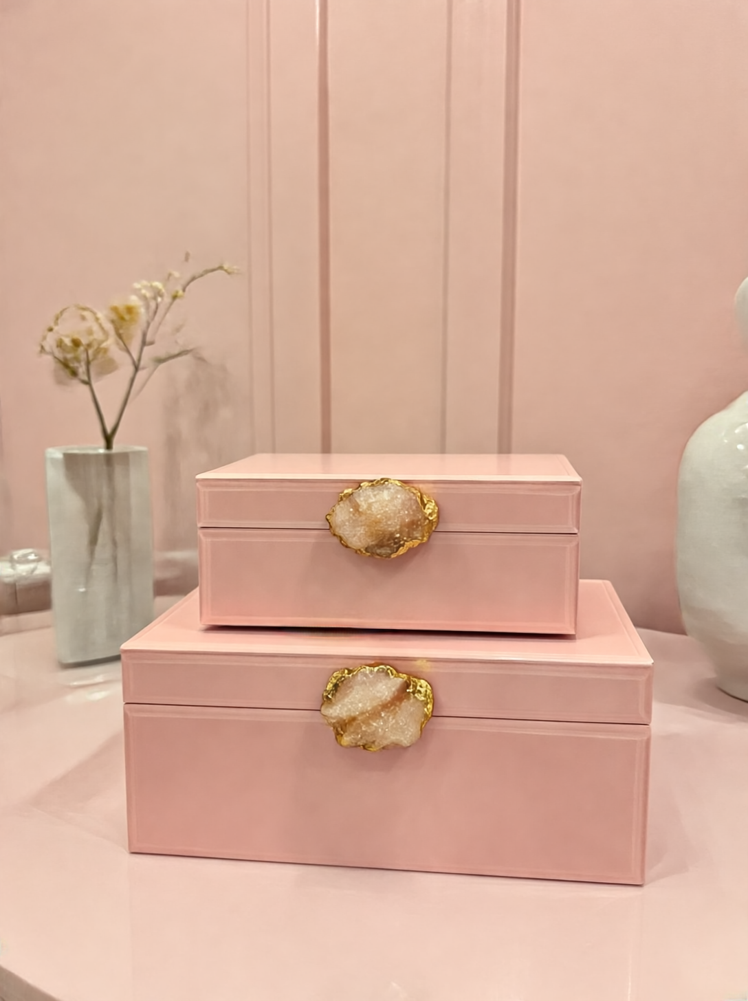 Doğal Taş 2’li Pembe Cam Kutu