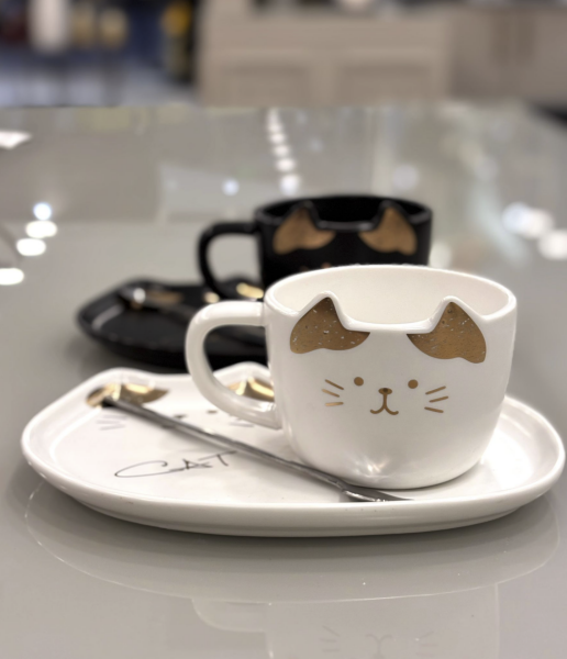 Özel Tasarım Kedili Fincan Porselen Kupa Bardak