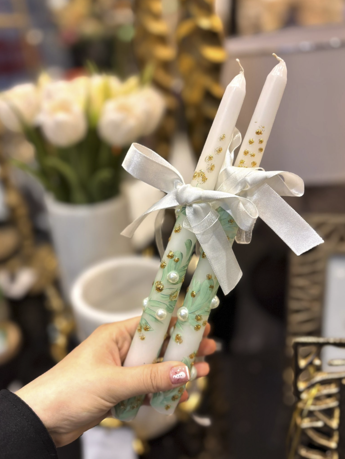 Green and White Beaded Candle