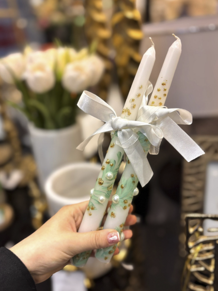 Green and White Beaded Candle