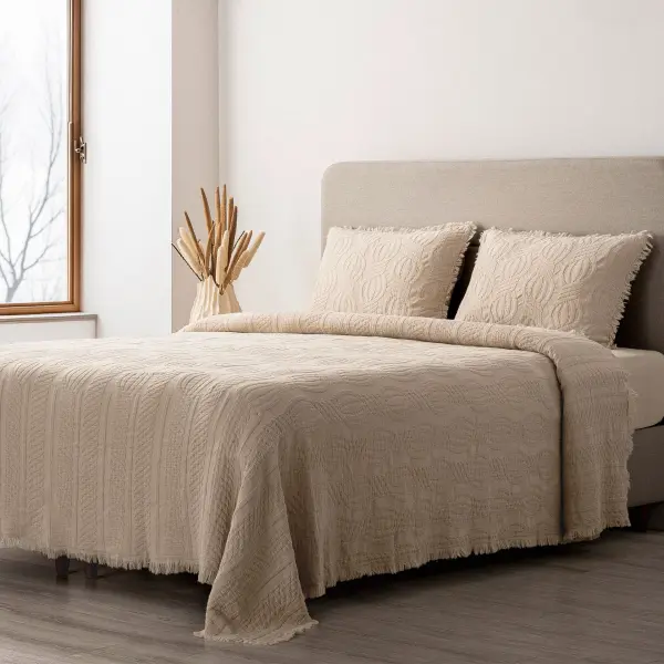 Hifa Çift Kişilik Pike Takımı Pamuk Dokuma Bej