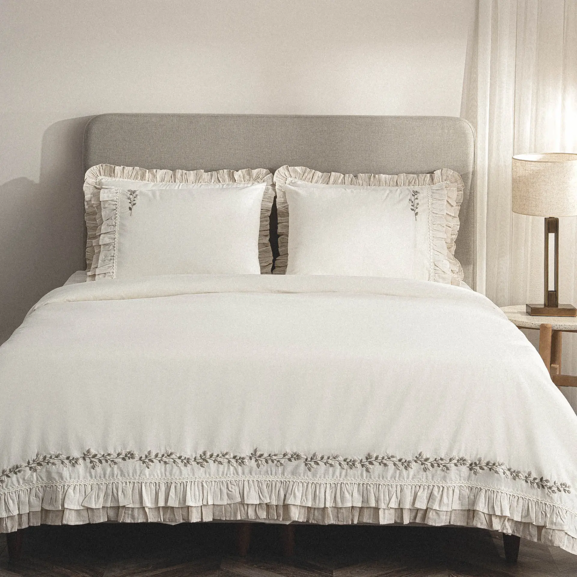 Leyna Çift Kişilik Nevresim Takımı Organik Pamuk Keten Krem