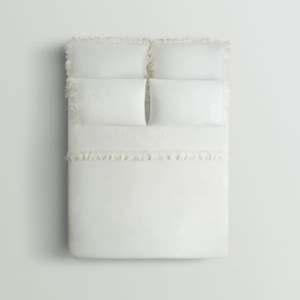 Paye Çift Kişilik Nevresim Takımı Organik Pamuk Perkal Nakışlı Dantelli Krem