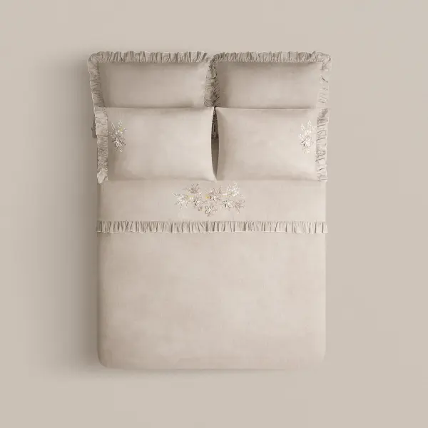 Zaira Çift Kişilik Nevresim Takımı Organik Pamuk Saten El Nakışlı Bej