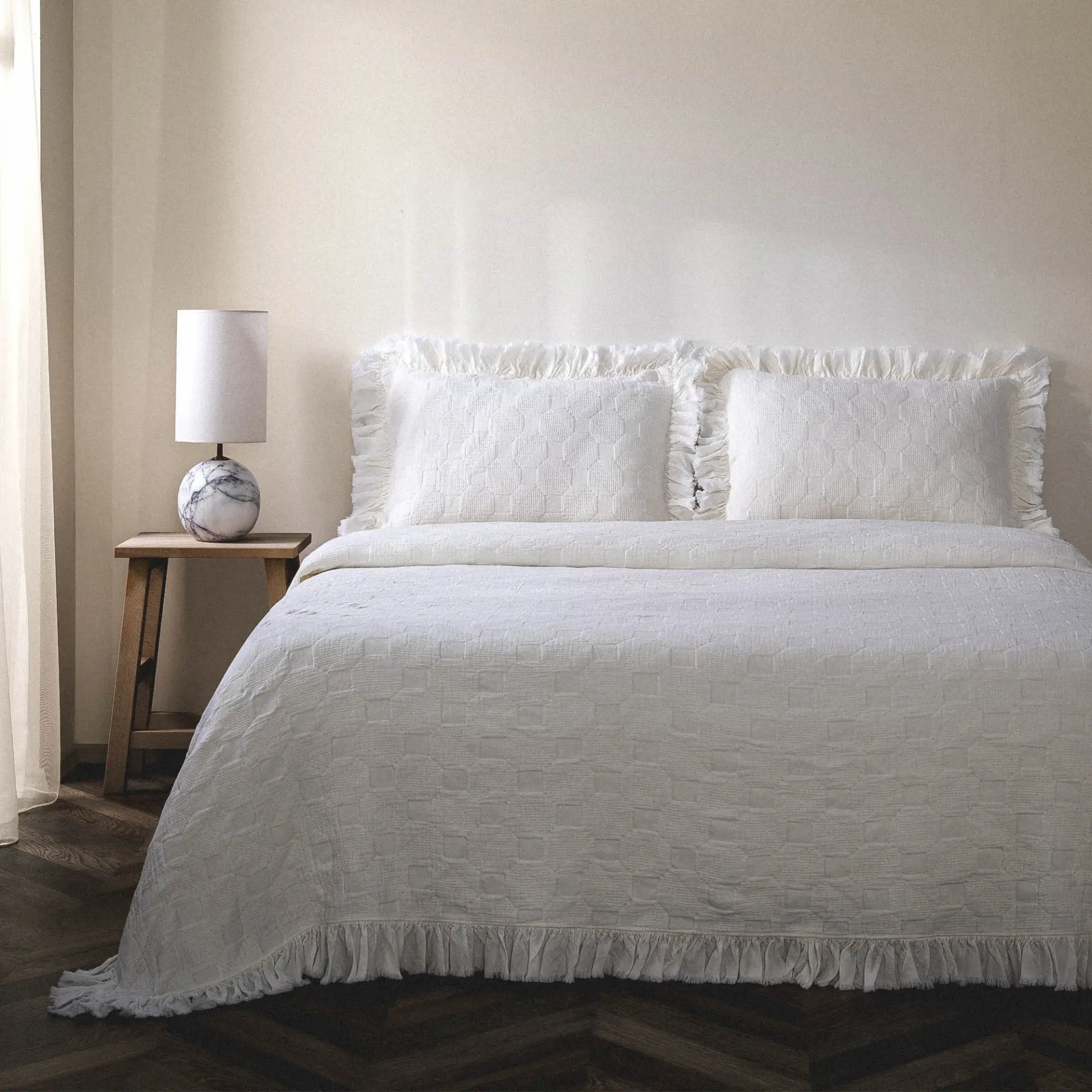 Tanya Çift Kişilik Pike Yatak Örtüsü Takımı Pamuk Krem