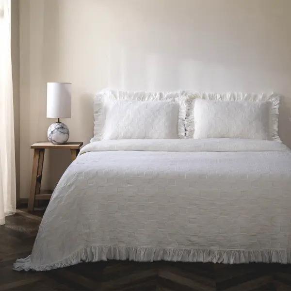 Tanya Çift Kişilik Pike Yatak Örtüsü Takımı Pamuk Krem