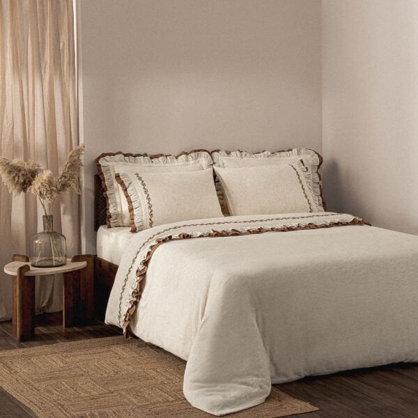 Maide Çift Kişilik Nevresim Takımı Organik Pamuk Kenevir Karışımlı Nakışlı Bej