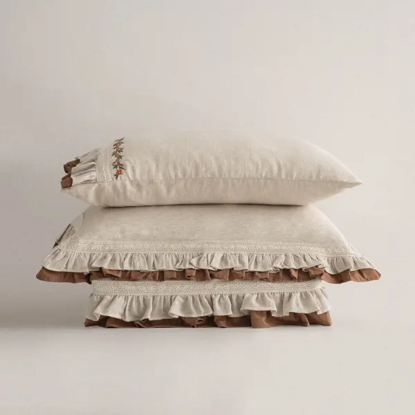 Maide Çift Kişilik Nevresim Takımı Organik Pamuk Kenevir Karışımlı Nakışlı Bej