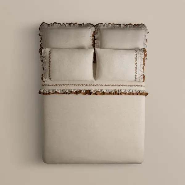 Maide Çift Kişilik Nevresim Takımı Organik Pamuk Kenevir Karışımlı Nakışlı Bej