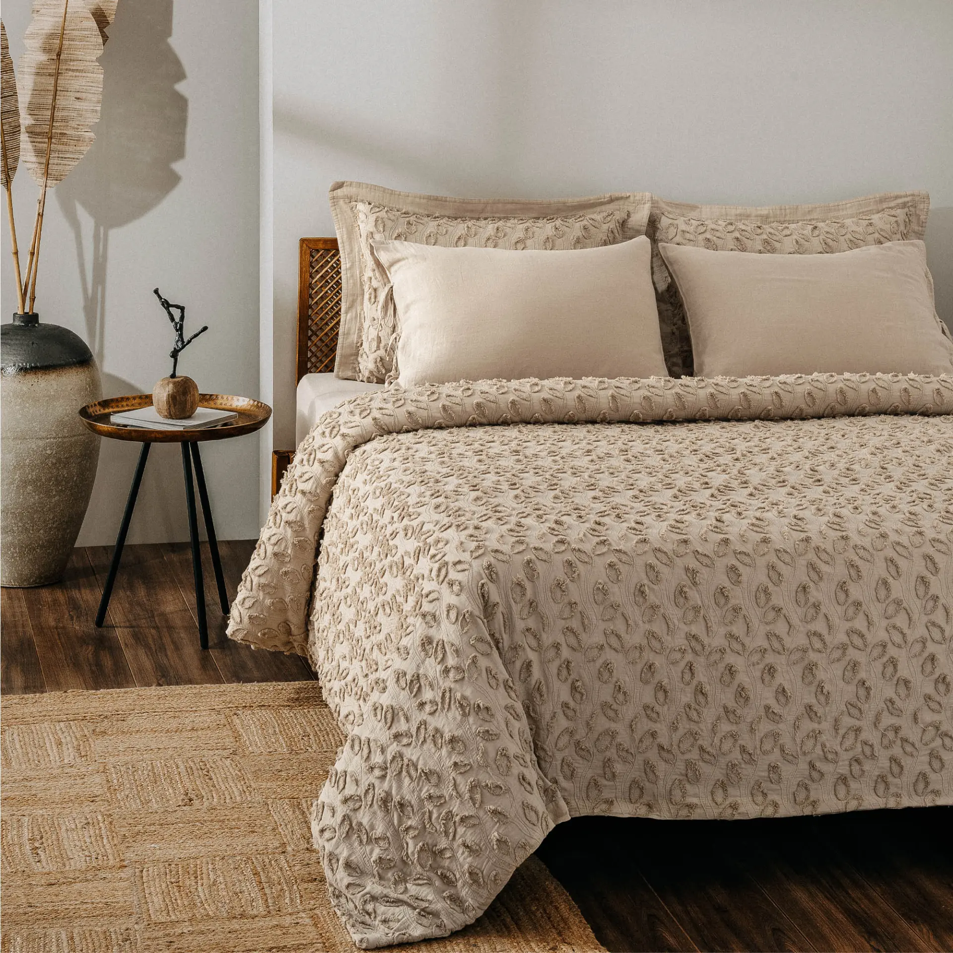 Anka Çift Kişilik Nevresim Takımı Organik Pamuk Müslin Brodeli Bej