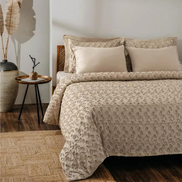 Anka Çift Kişilik Nevresim Takımı Organik Pamuk Müslin Brodeli Bej