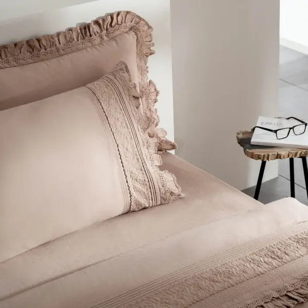 Adelya Çift Kişilik Nevresim Takımı Organik Pamuk Keten Brodeli Pudra