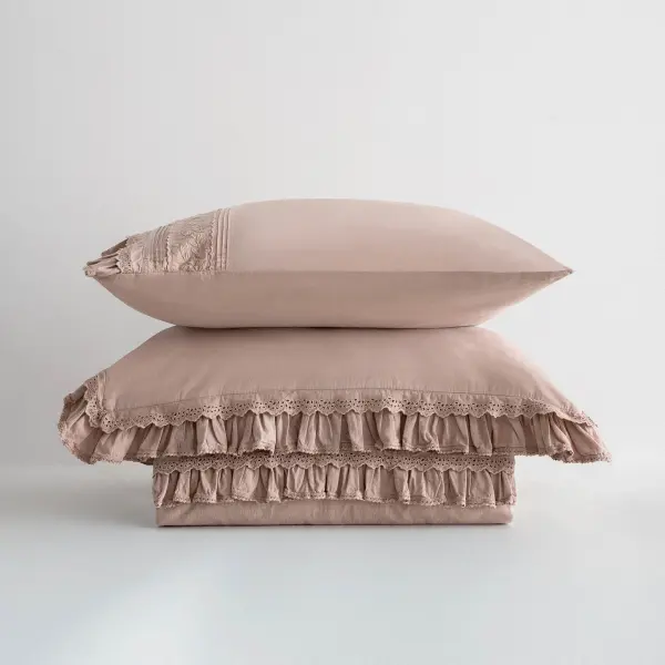 Adelya Çift Kişilik Nevresim Takımı Organik Pamuk Keten Brodeli Pudra