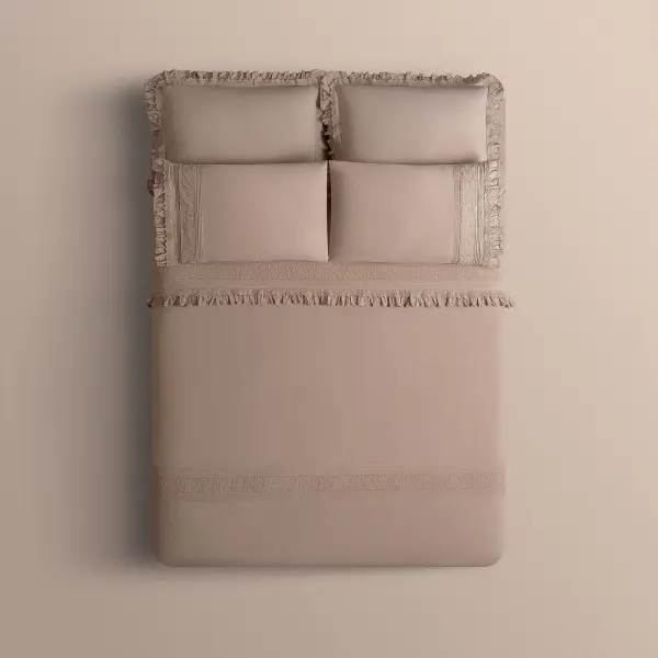 Adelya Çift Kişilik Nevresim Takımı Organik Pamuk Keten Brodeli Pudra