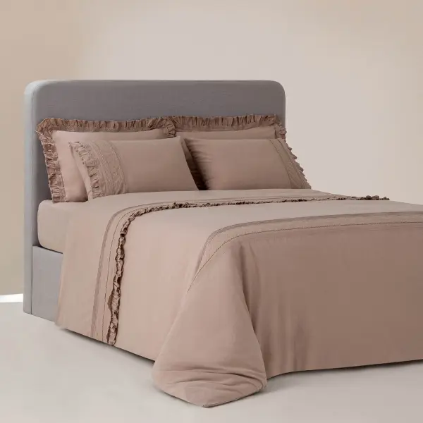 Adelya Çift Kişilik Nevresim Takımı Organik Pamuk Keten Brodeli Pudra