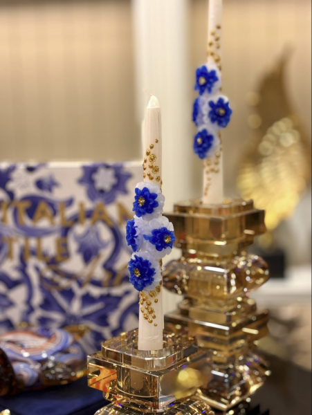 2’li 3D Mavi Çiçekli Mum