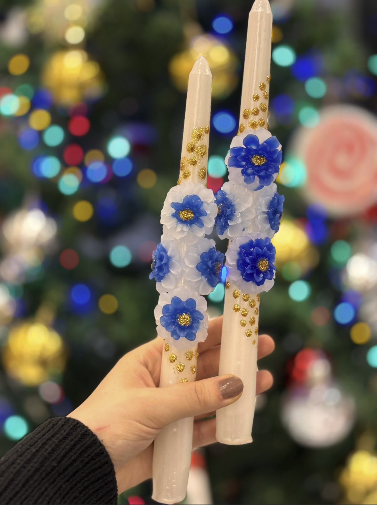 2’li 3D Mavi Çiçekli Mum