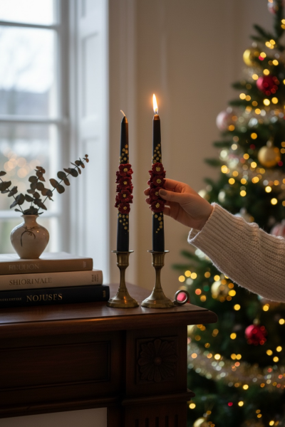 2’li 3D Siyah-Kırmızı Çiçekli Mum