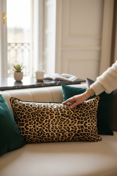 Siyah Leopar Kadife Yastık