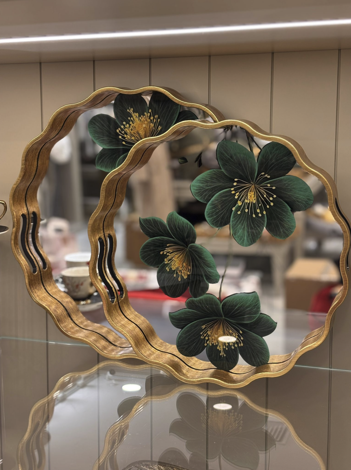 Yeşil Çicekli Aynalı Lüx Tepsi