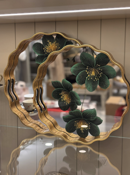 Yeşil Çicekli Aynalı Lüx Tepsi