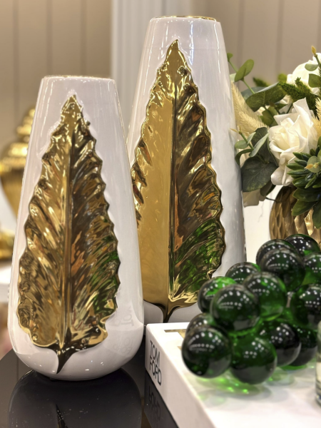 İthal Seramik Yaprak Desenli Gold -Beyaz Vazo