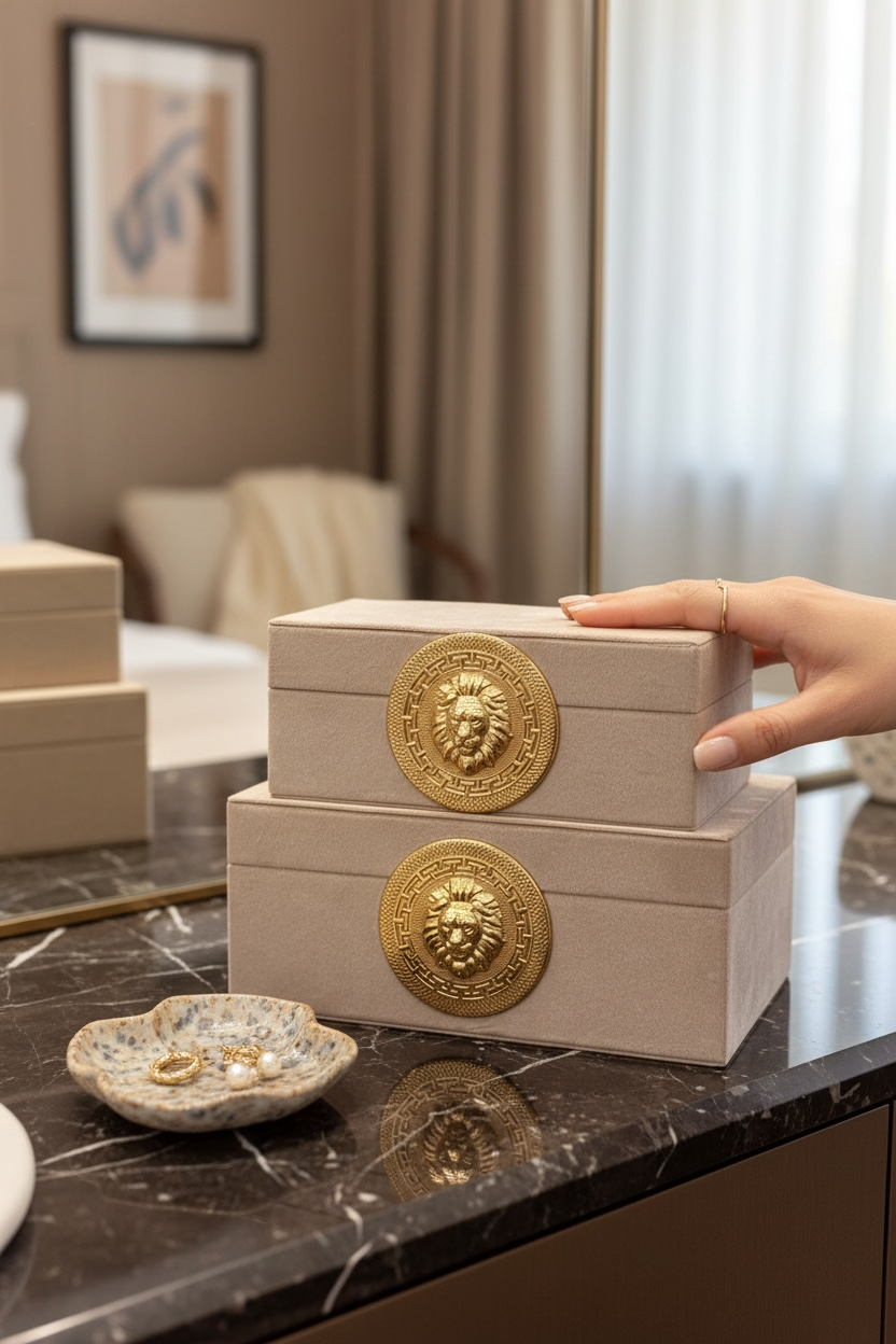 Gold Detaylı 2’li Aslan Kadife Kutu Krem