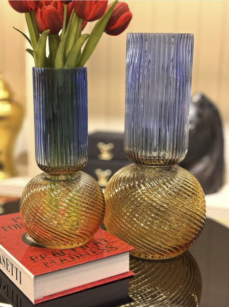 İthal Amber-Mavi Silindir Cam Vazo