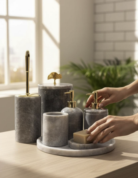 7 Parçalı Gri Mermer Banyo Seti