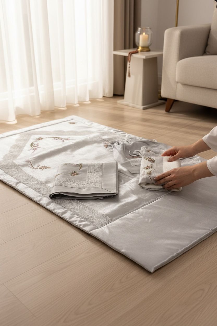 Gri Saten Rokokolu İğneli Namaz Set