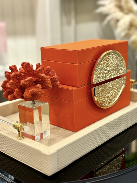 2'Li Dikdörtgen Turuncu Altın Deri Kutu